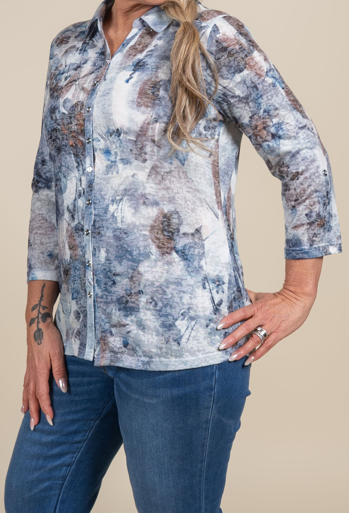 3/4 Sleeve Button Down Burnout Top Image 5