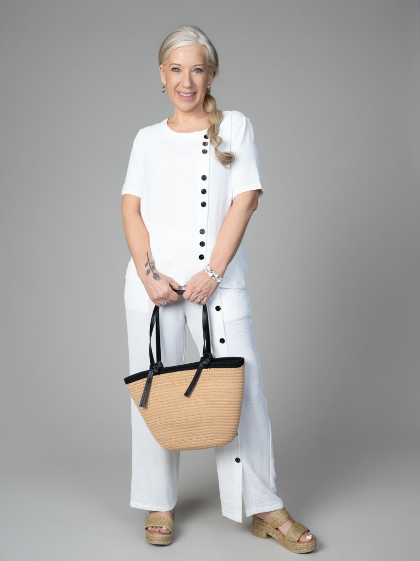 Crinkle Short Sleeve Top With Button Detail