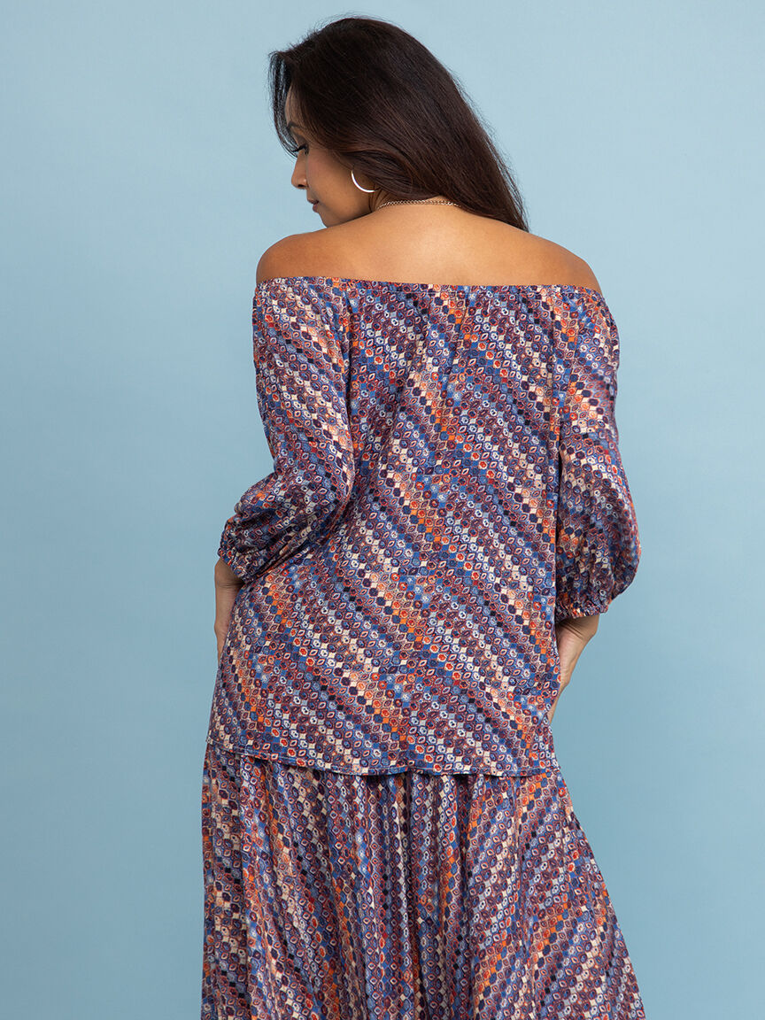 &frac34; Sleeve Boho Print Top