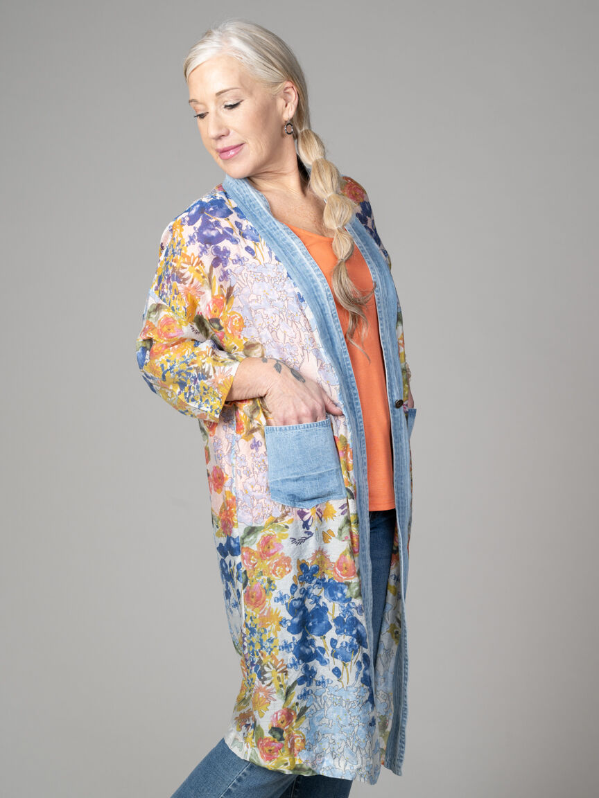 Long Denim Trim Cardigan