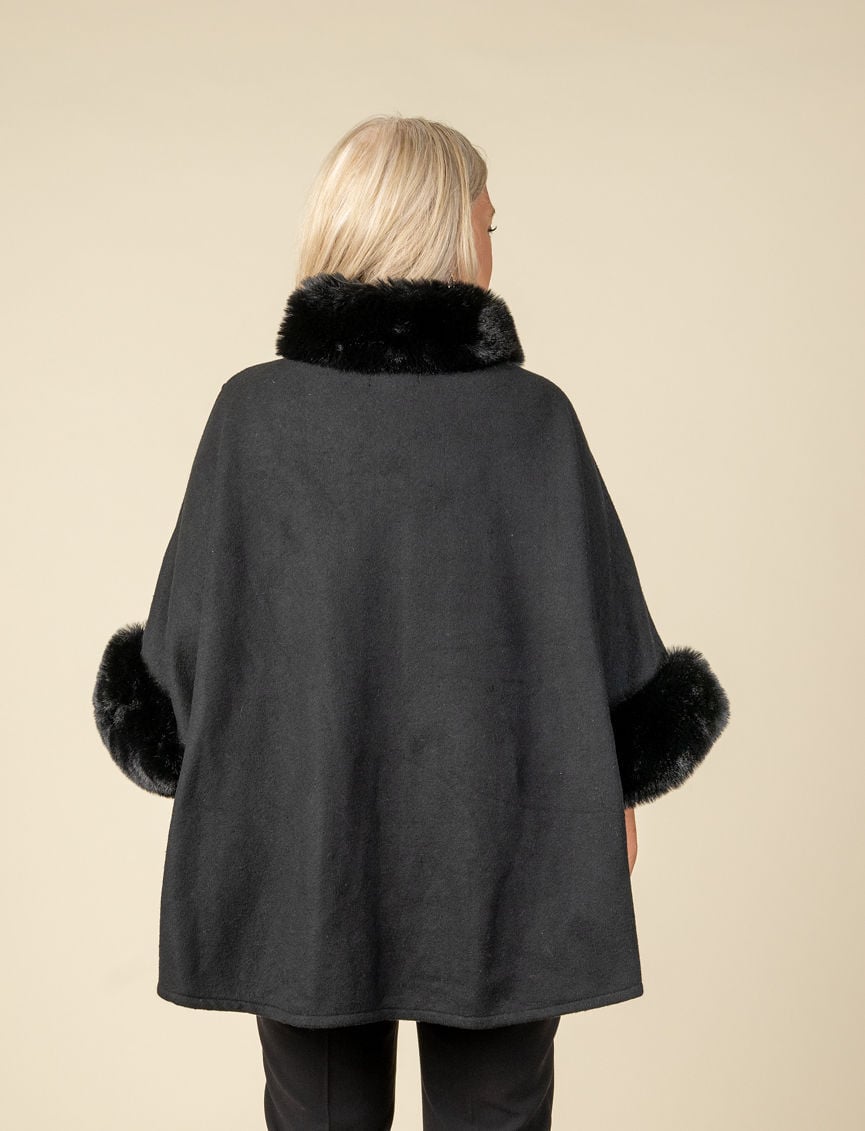 Cape Coat With Belt And Faux Fur