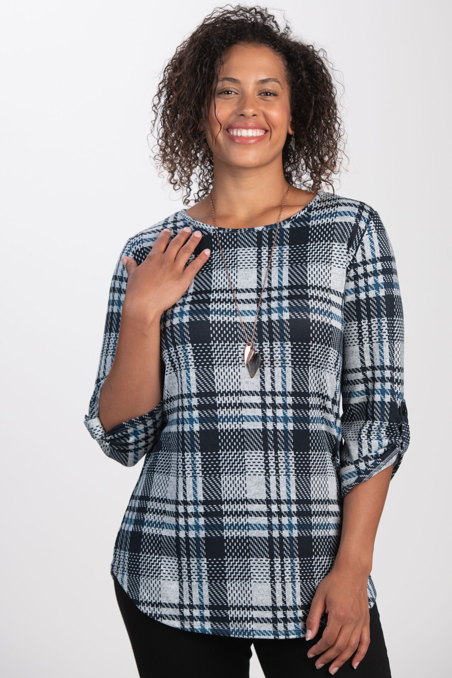 Roll-Tab Sleeve Plaid Top  Image 1