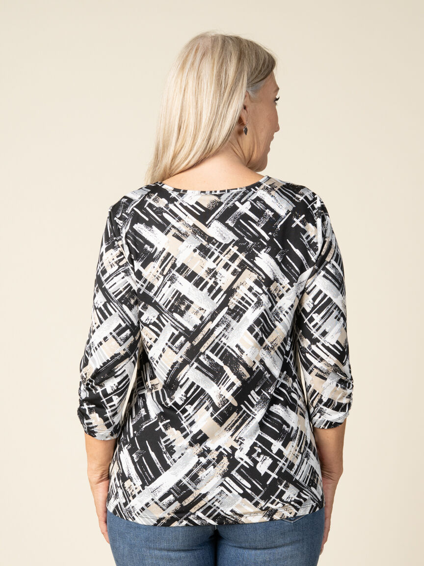 3/4 Sleeve Patterned Tunic With Ruching