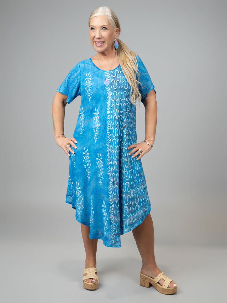 Short Sleeve Tie-Dye Midi Dress With Asymmetrical Hem