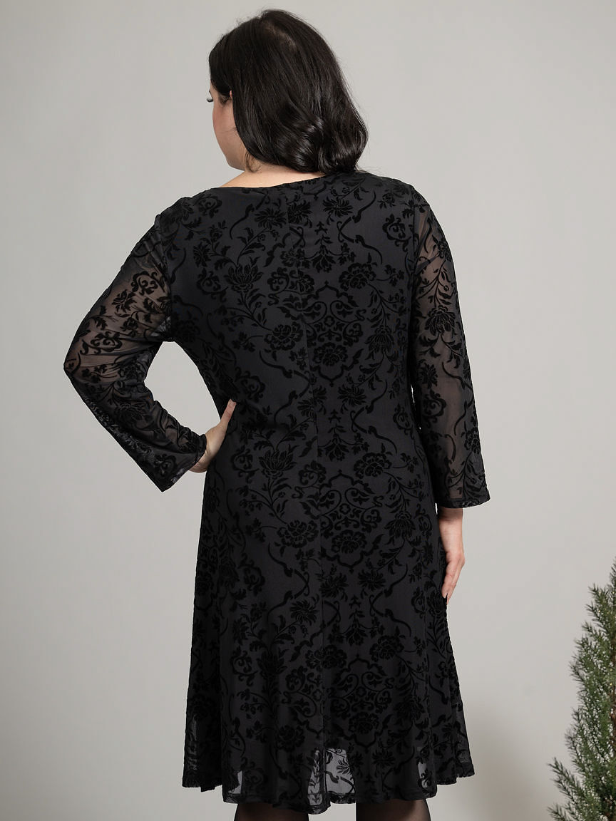 Long Sleeve Knee Length Floral Burnout Dress Image 3