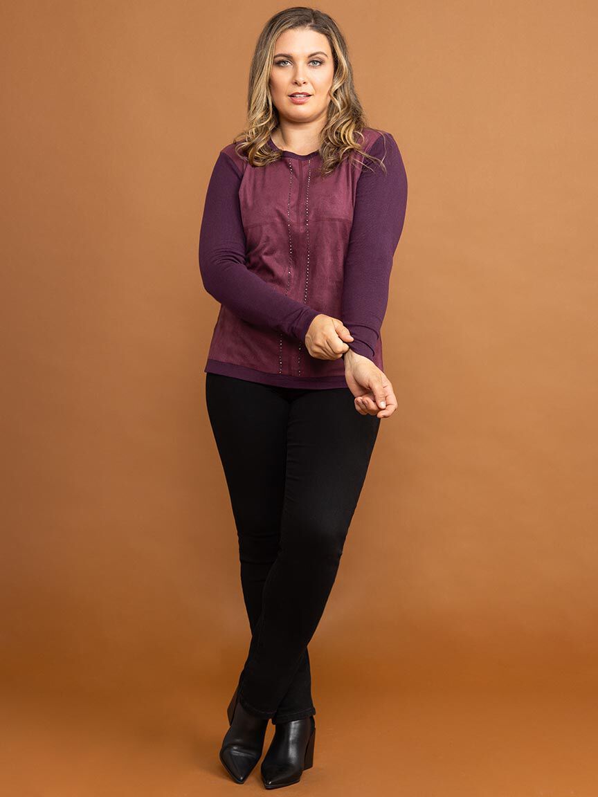 Long Sleeve Suede Top with Hotfix