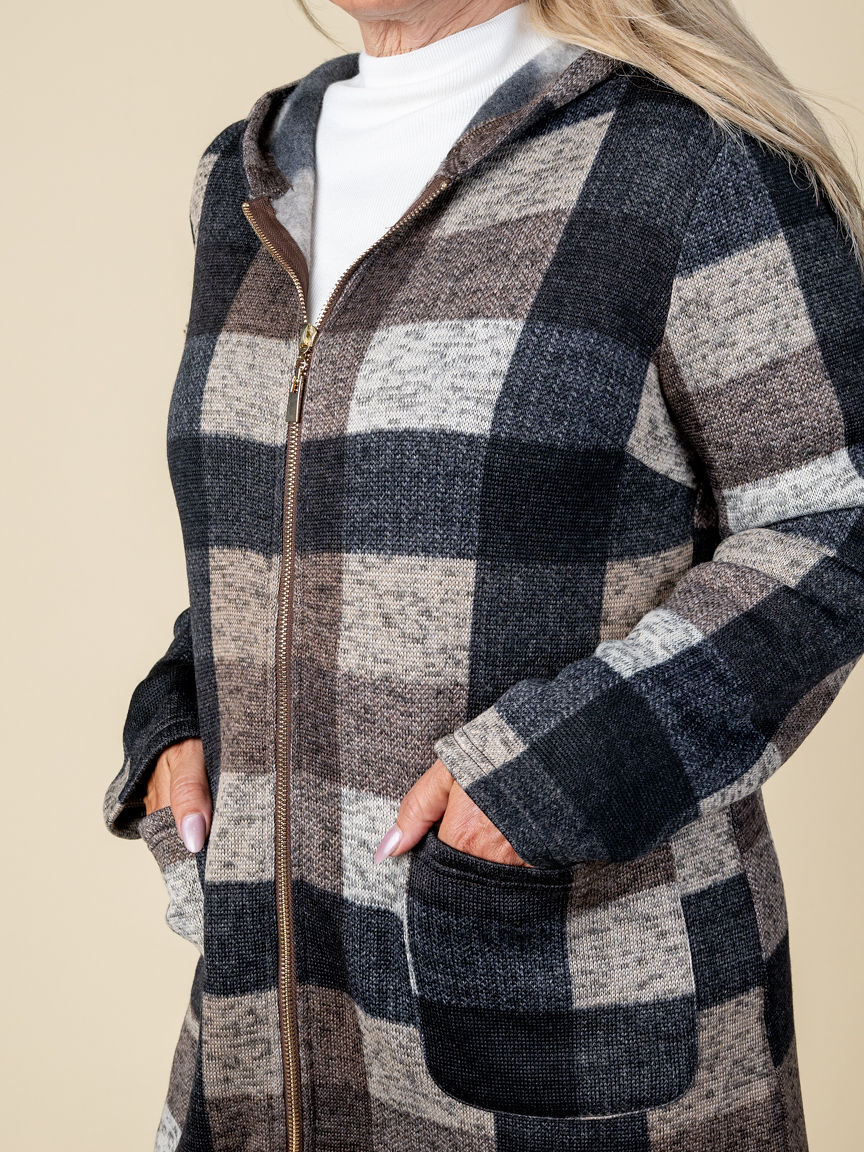 Long Plaid Zipper Cardigan With Hood And Pockets