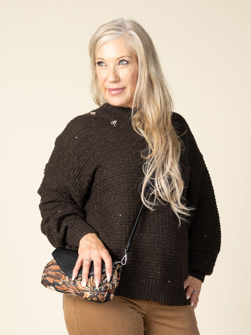 Sequin Sweater with Rhinestone Bow Detail