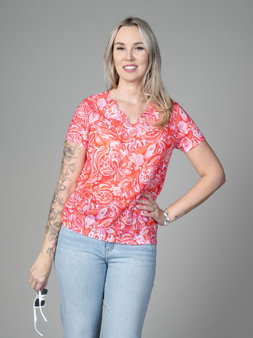 Short Sleeve Top With Lace Neckline