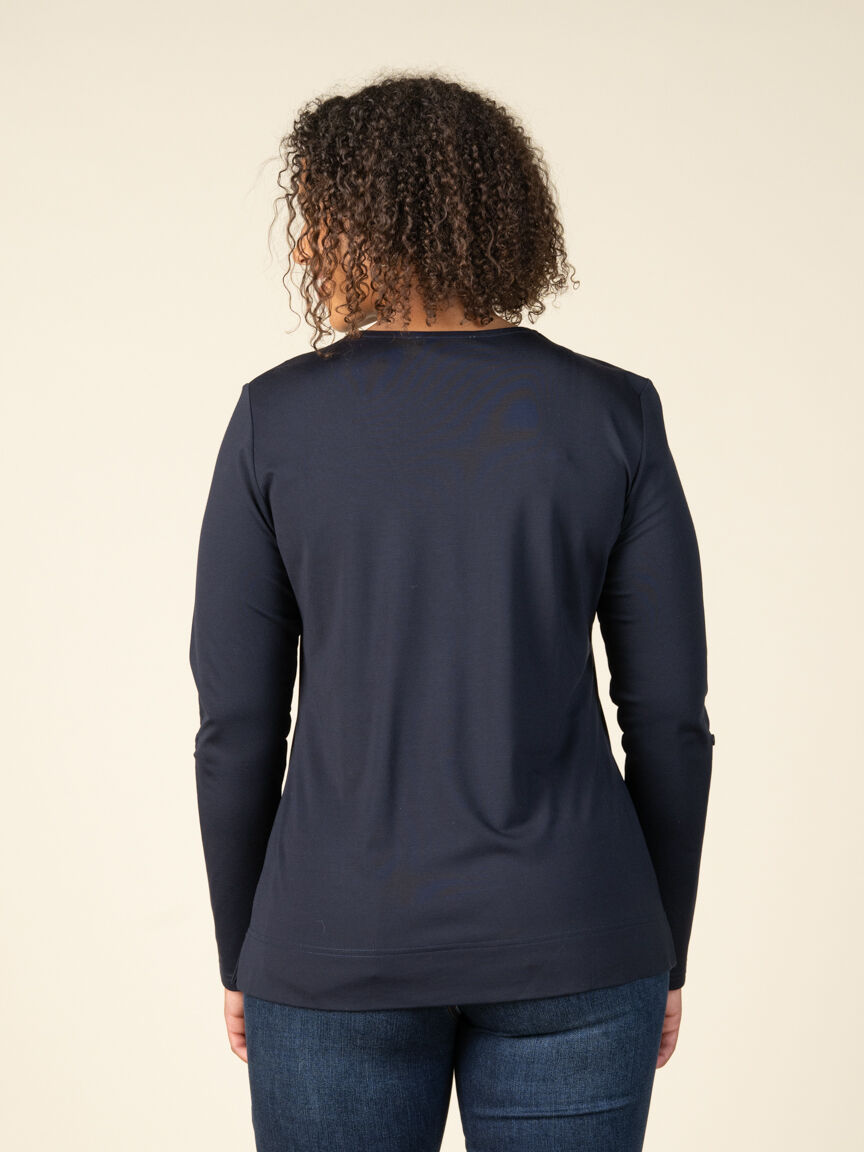 Roll Tab Long Sleeve Top with V-Neck Zipper