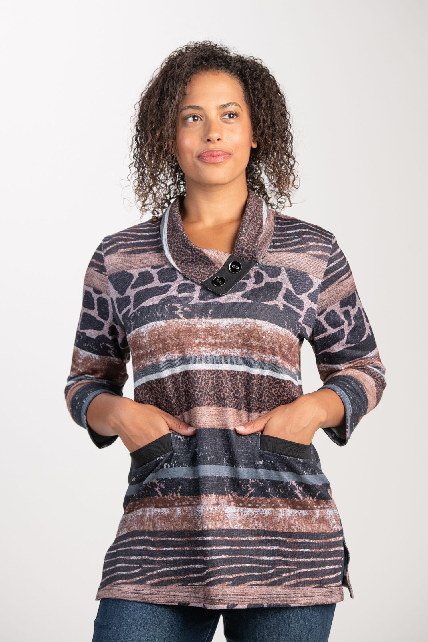 &frac34; Sleeve Cowl Collar w/ Buttons  Image 1