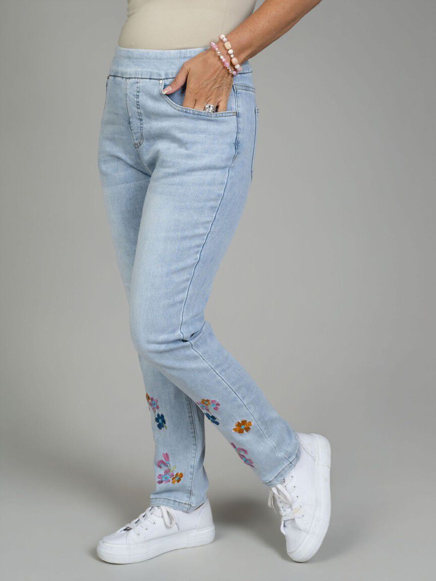 Straight Leg Pull-On Embroidered Denim Jeans