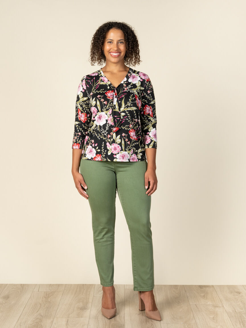 3/4 Sleeve V Neck Floral Print Top with Front Tie Image 5