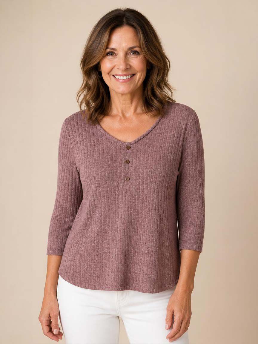 Ribbed Elbow Sleeve V-Neck With Button Detail