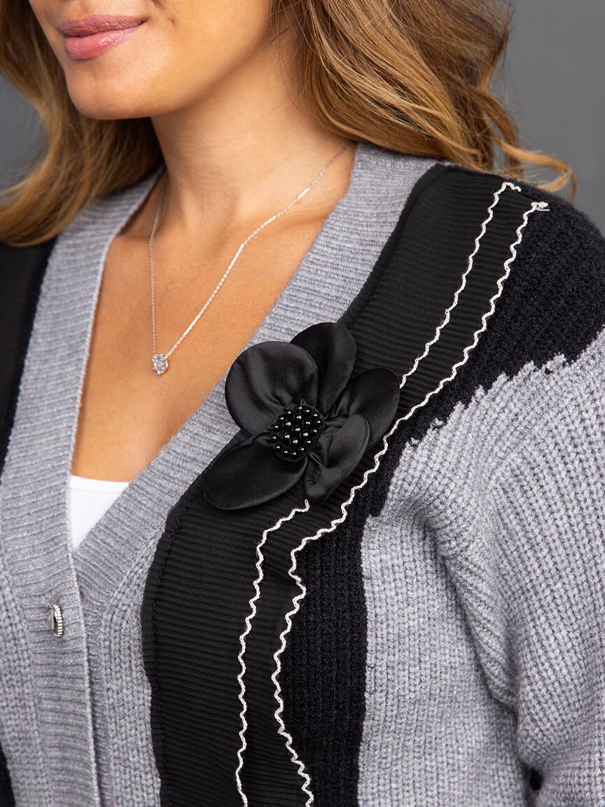 Long Sleeve Button Up Cardigan with Floral Applique Image 5