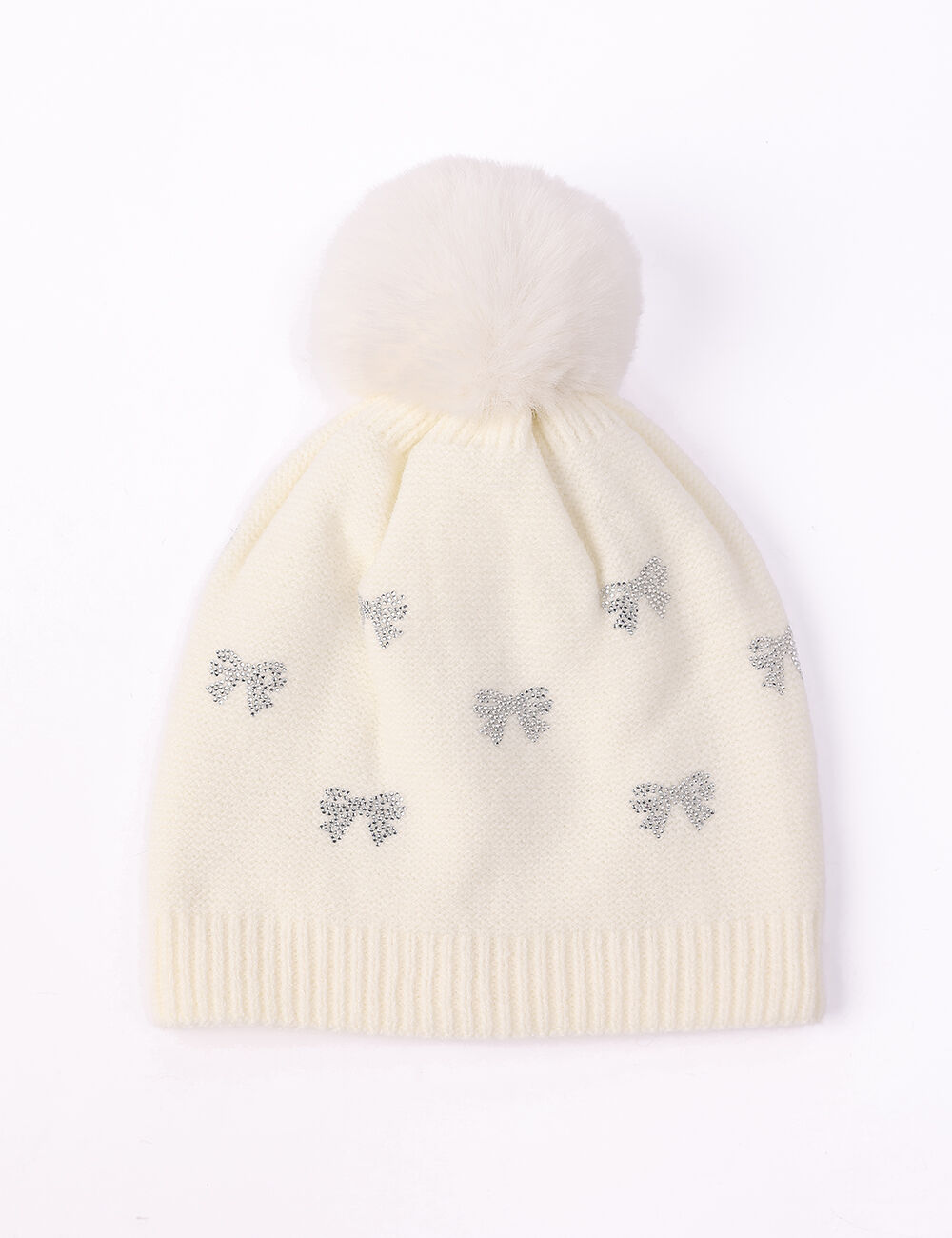 Sparkling Bow Knit Toque with Pom Pom