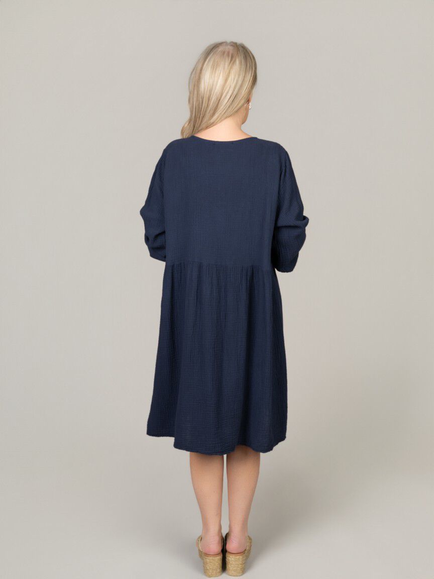Long Sleeve Knee Waffle Cotton Dress