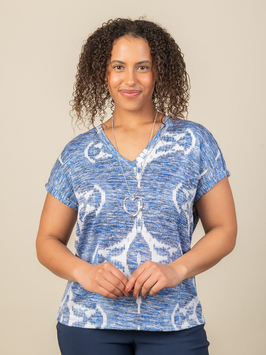 Printed Hatchi Cap-Sleeve V-Neck Top With Ladder Tape Detail Image 5