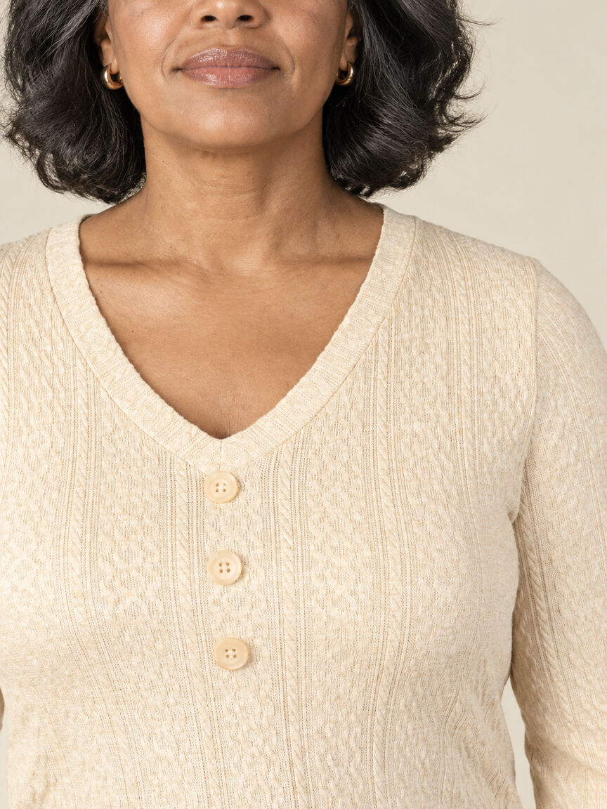 3/4 Sleeve Cable Knit V-Neck Top With Buttons