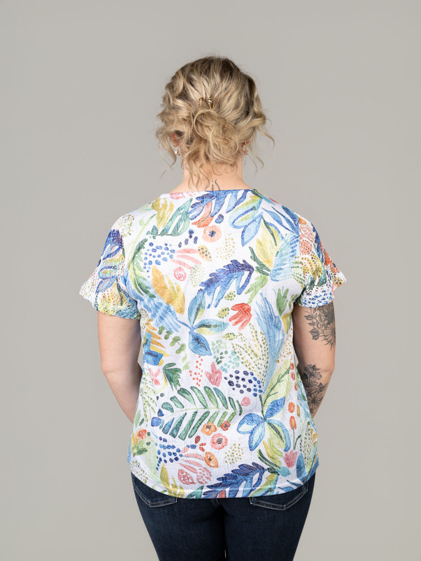 V-Neck Top with French Lace Sleeves & Ladder Trim