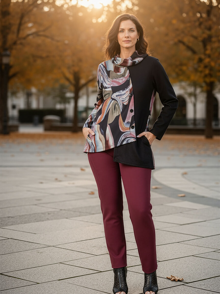 Long Sleeve Mock Neck Top with Buttons