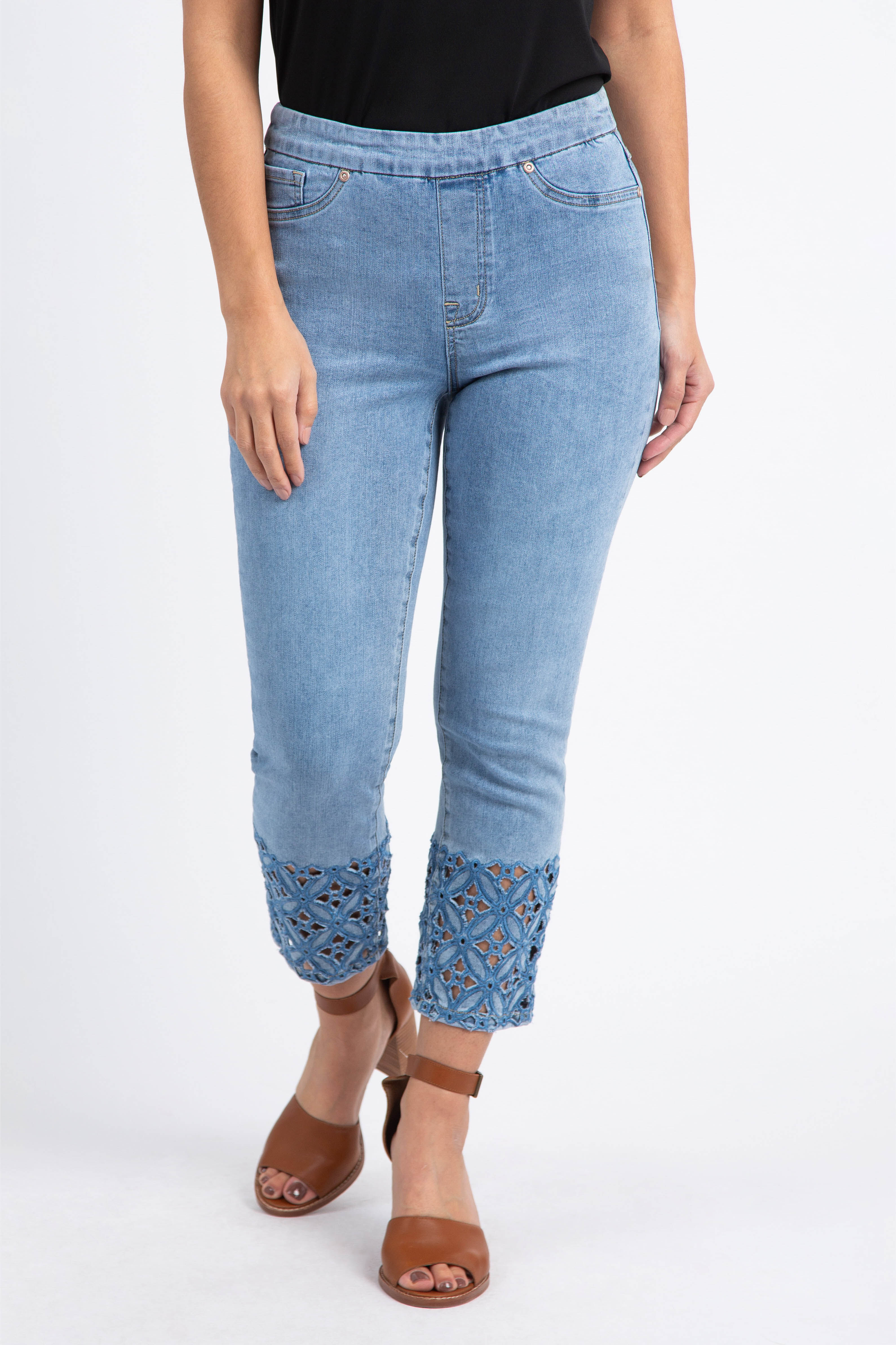 Audrey Cropped Pull-On Jeans w/ Cut-Out Hem Image 1