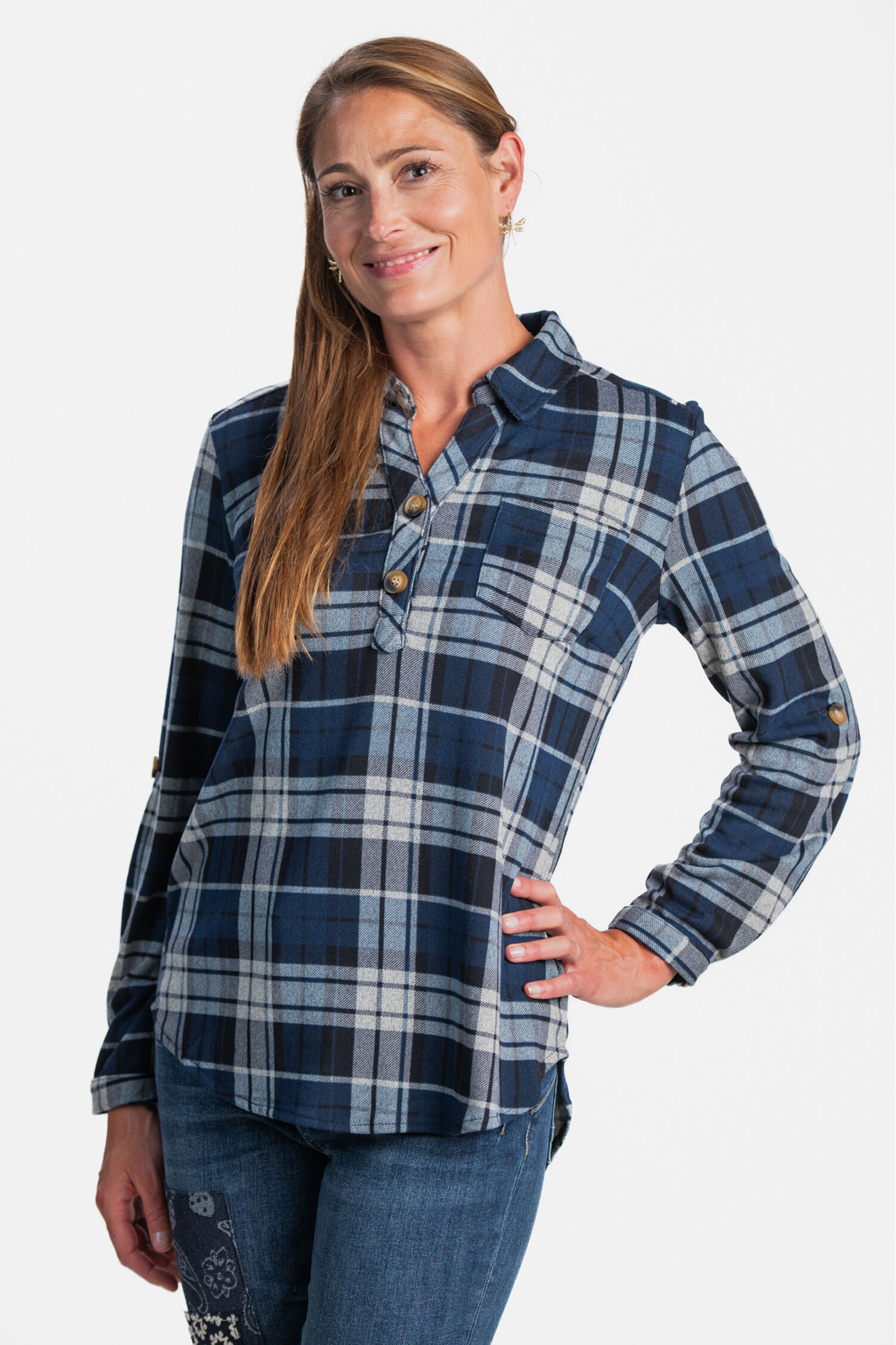 &frac34; Roll Tab Sleeve Plaid Top Image 1