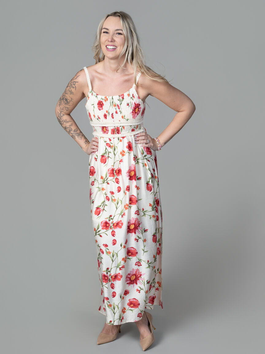 Sleeveless Smocked Maxi Dress with Tassel Detail