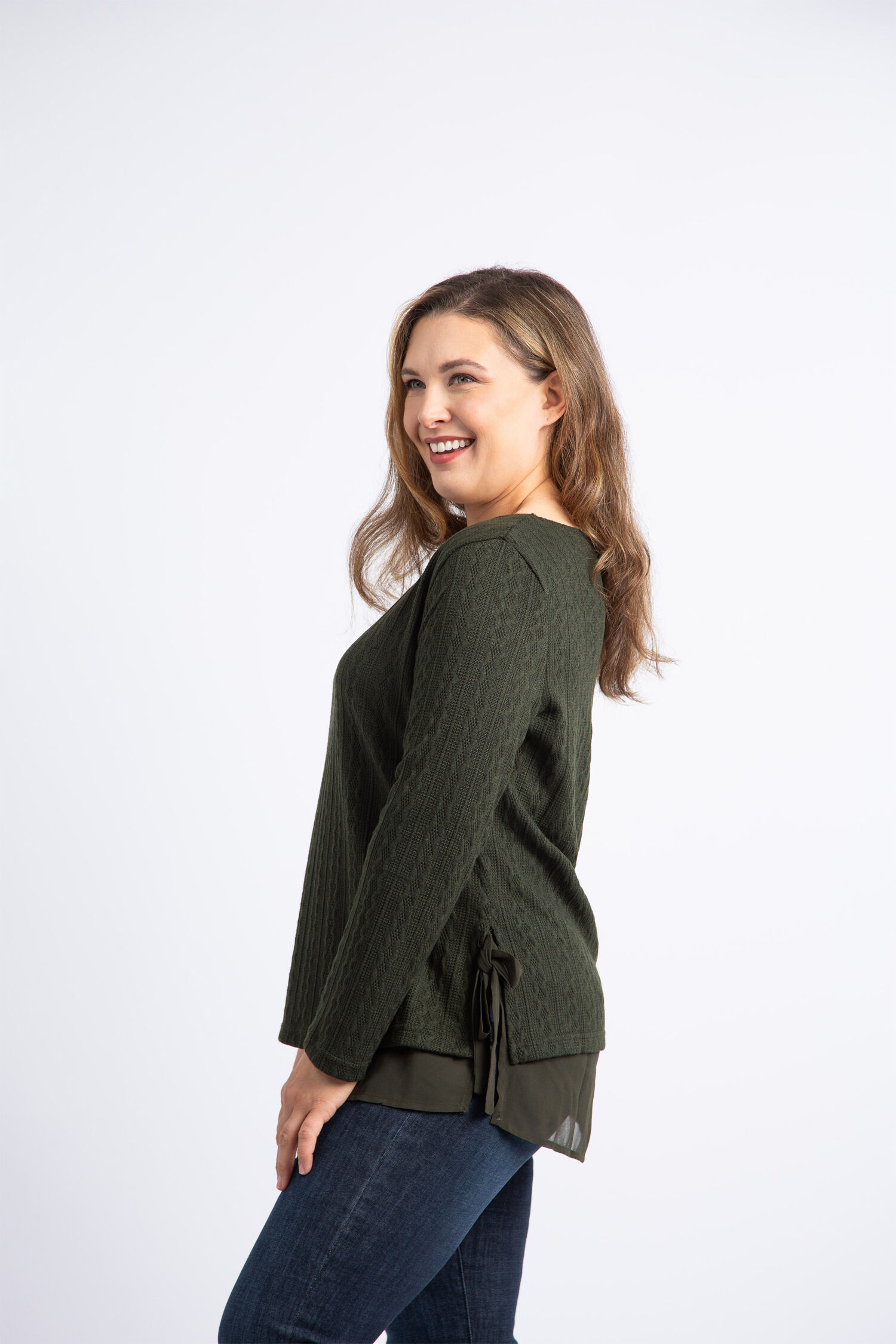 Cable Knit Sweater w/ Chiffon Underlay  Image 3