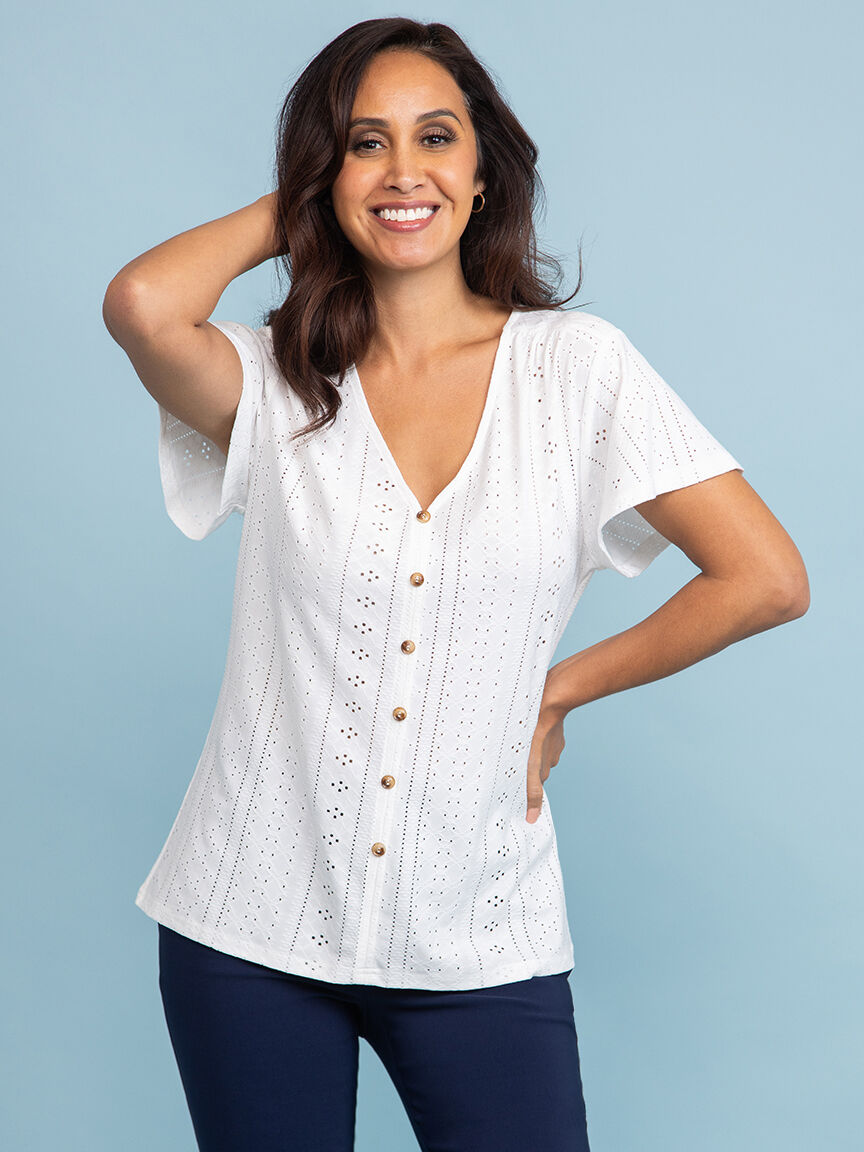 Stretch Eyelet T-Shirt with Button Detail  Image 2