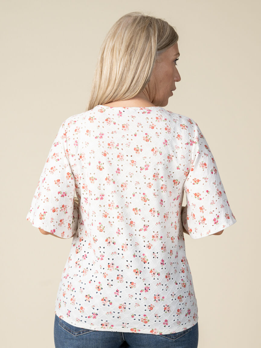 Short Flutter Sleeve V Neck Floral Print Top With Eyelet Lace Detail Image 2