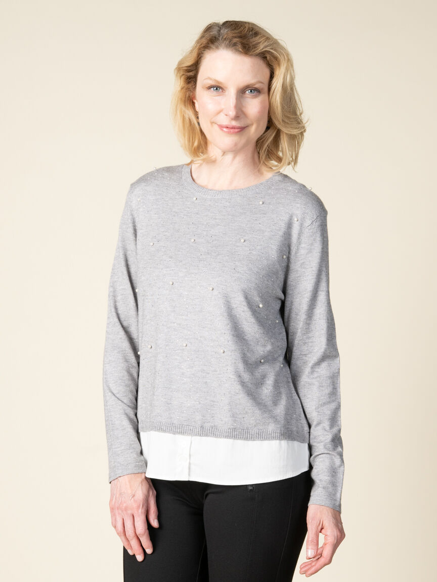 Long Sleeve Fooler Sweater With Pearls