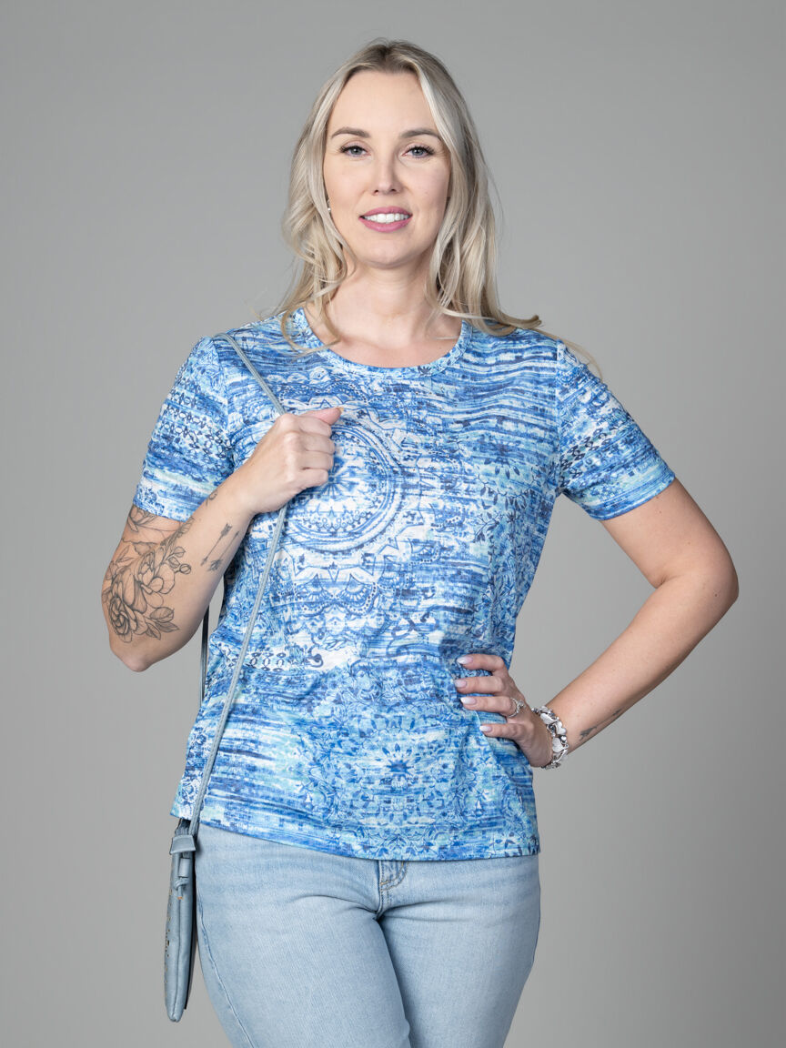 Short Sleeve Vintage Print Top With Hotfix
