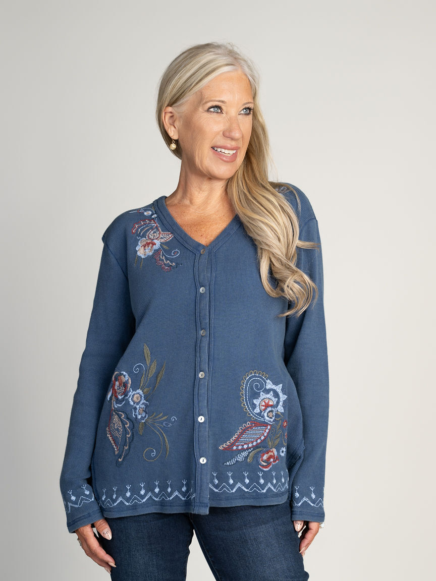 Embroidered Button-Up Waffle Knit Top