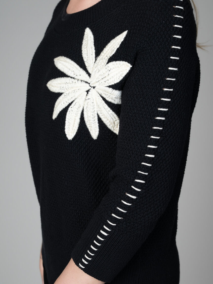 Knit Sweater with Floral Embroidery & Shoulder Stitch Detail
