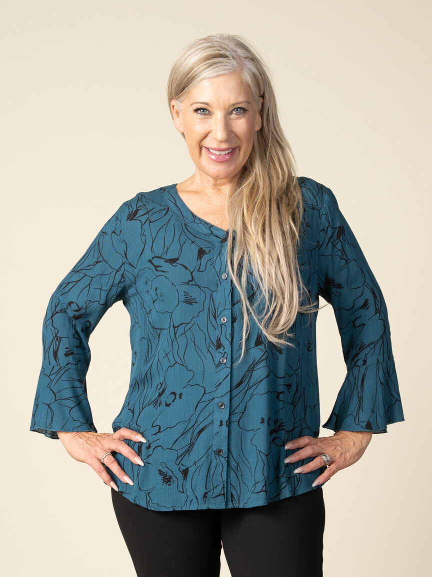 3/4 Sleeve Floral Print Button Up Flared Sleeves Top