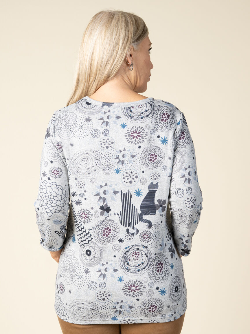 3/4 Sleeve Top With Abstract Cat Print