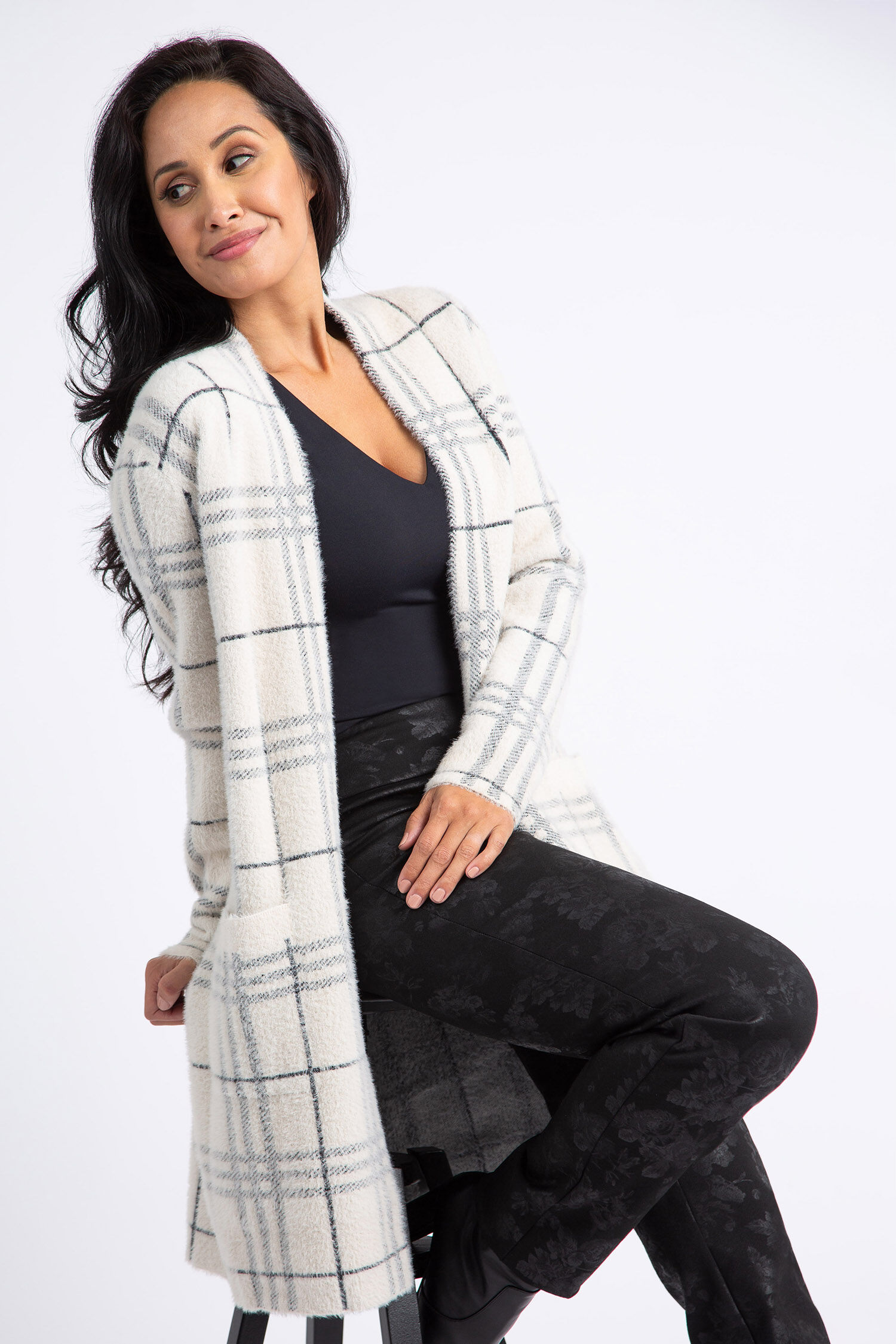 Long Brushed Plaid Cardigan  Image 4