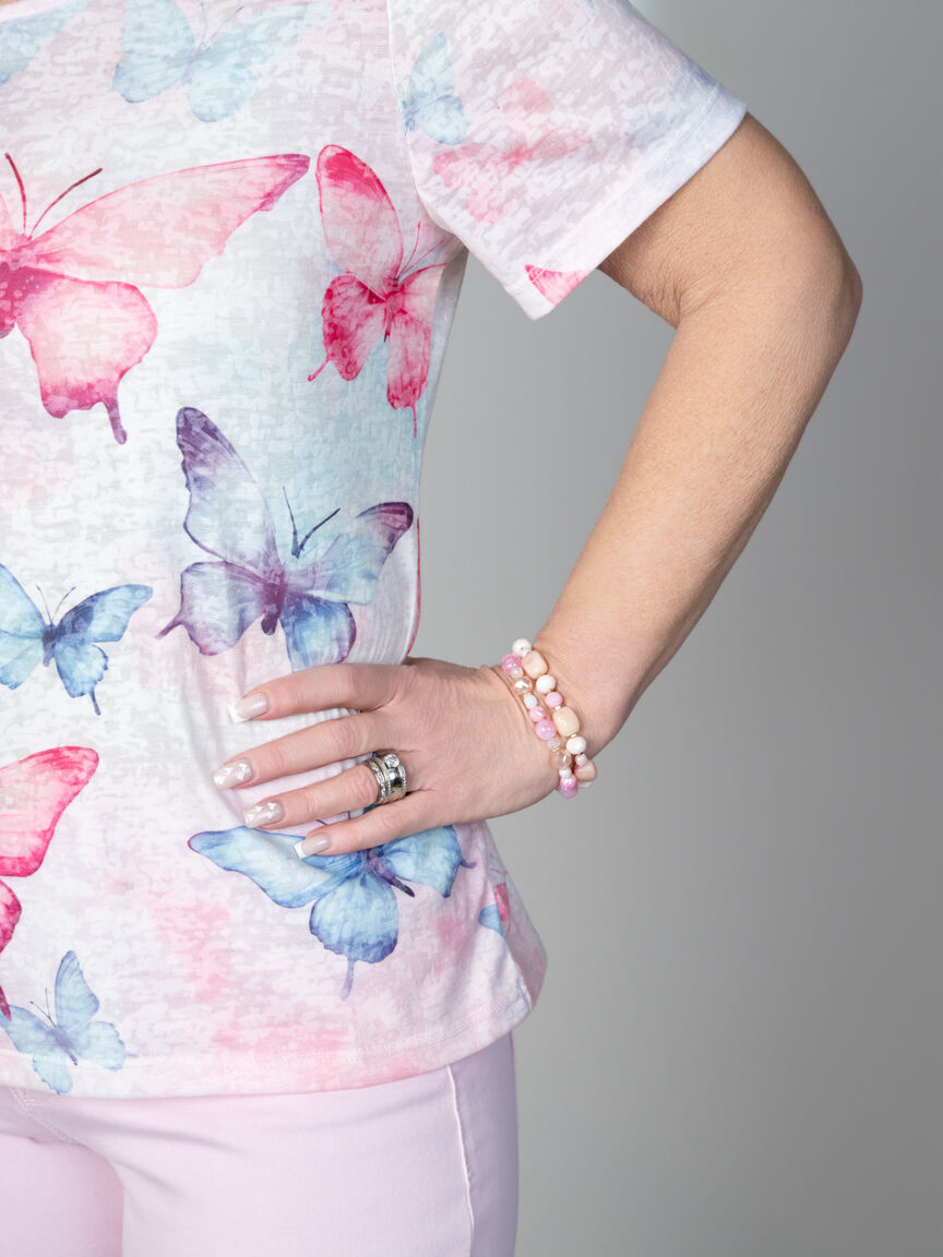 Butterfly Print Short Sleeve Top With Lace Back