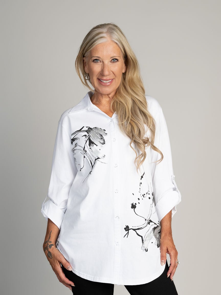 Collared Roll Tab Blouse with Rhinestones