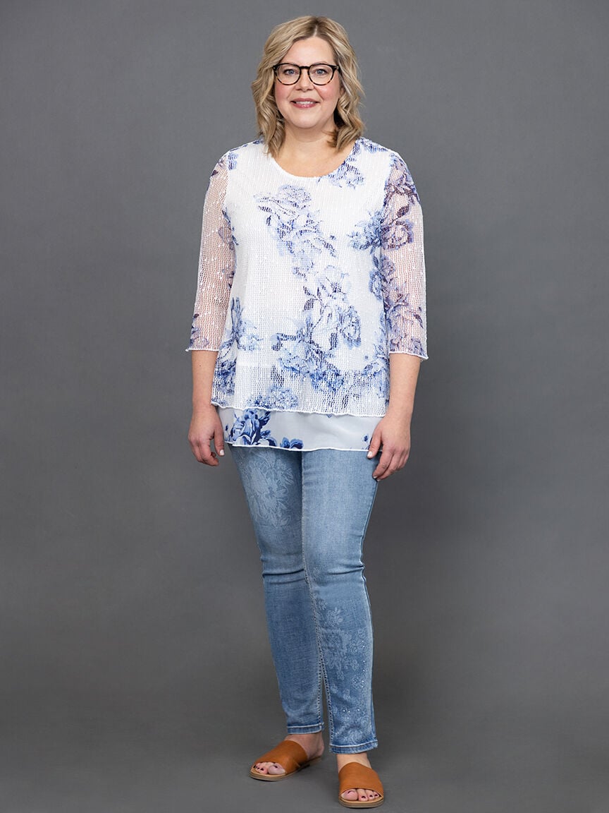 &frac34; Sleeve Crochet Mesh Top Image 1