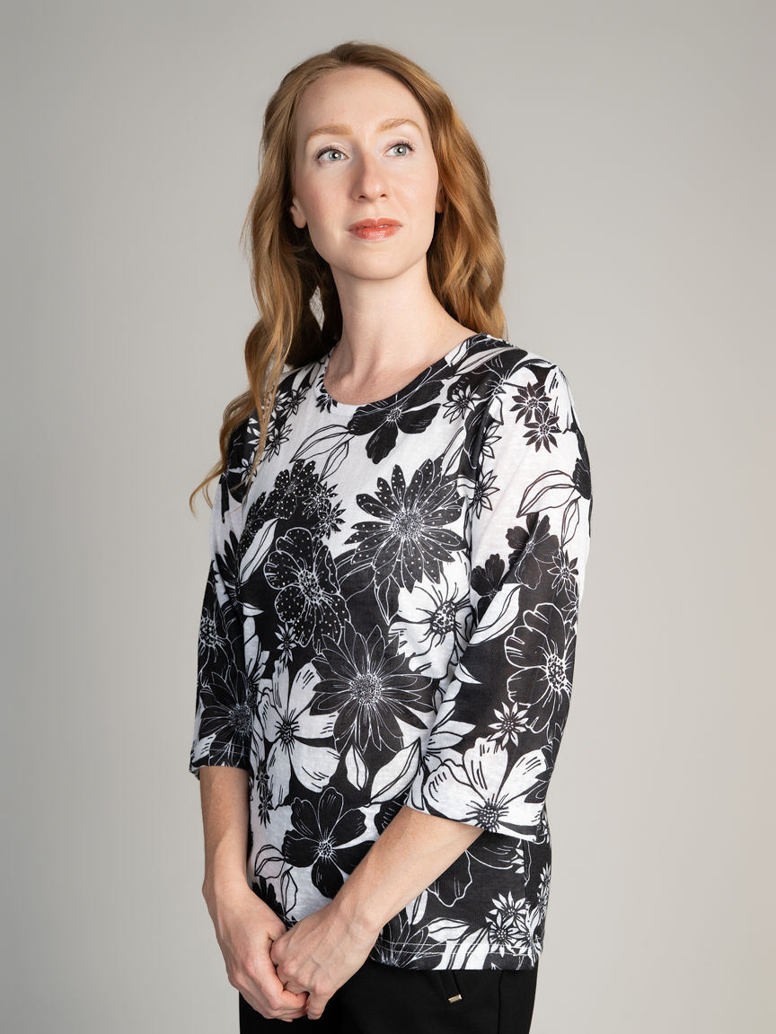 3/4 Sleeve Floral Print Top With Hotfix