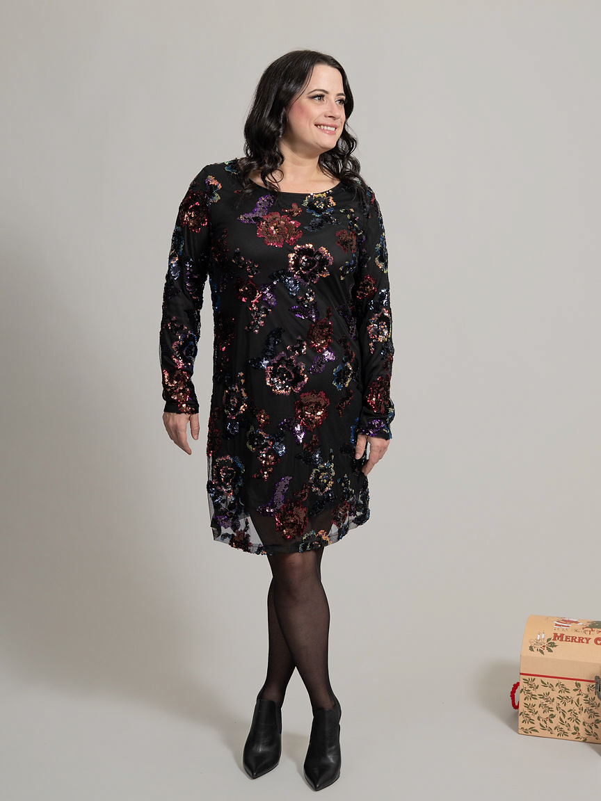 tribal sequin dress Final Sale Fiorielle Floral Sequin Mesh Lined A-Line Dress in Blackmulti
