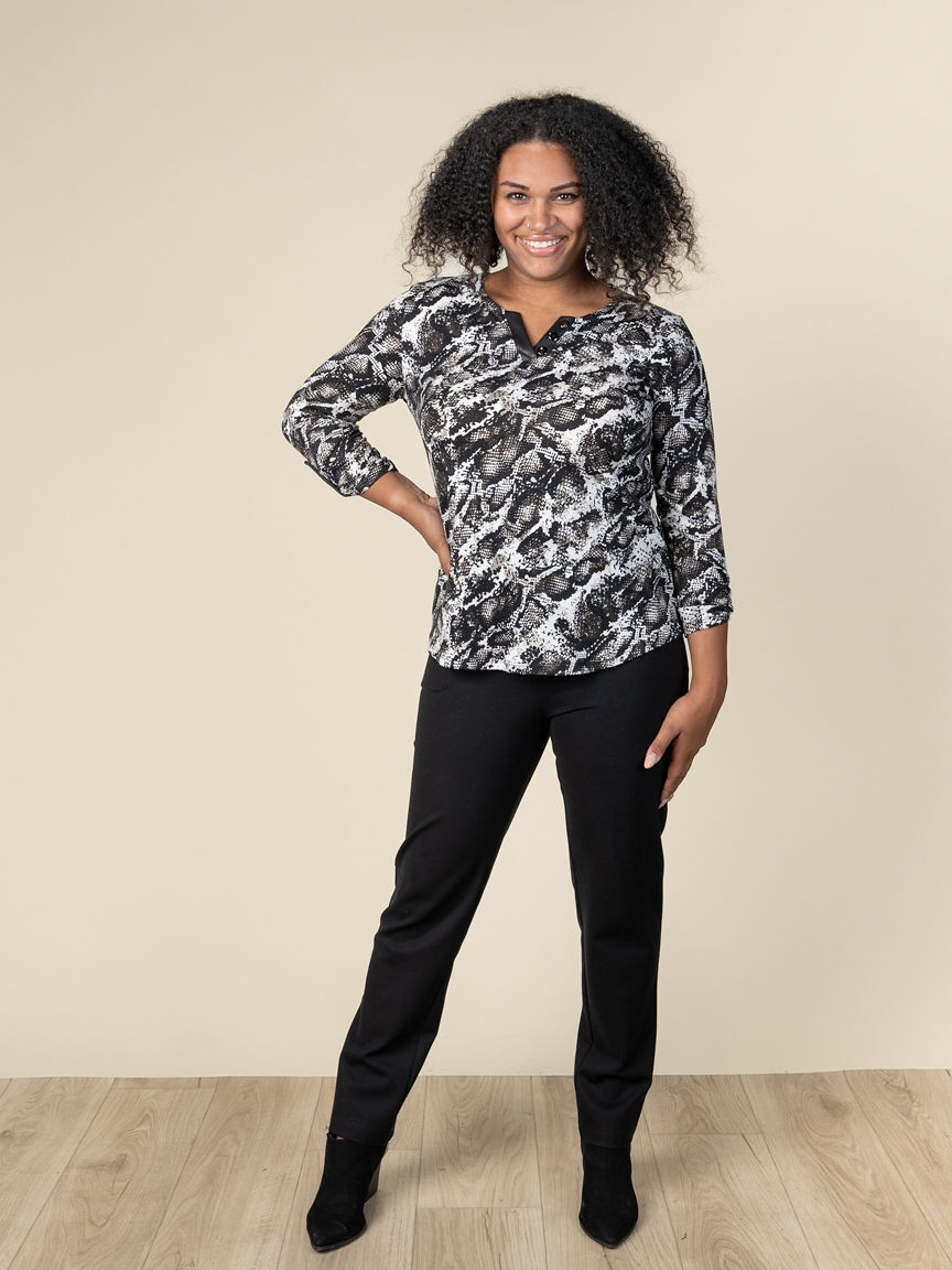 Long Sleeve Animal Print Top With Roll Tabs