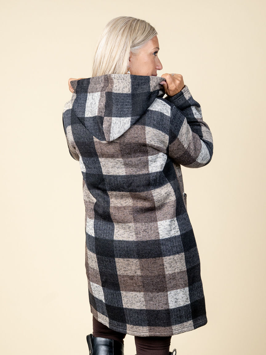 Long Plaid Zipper Cardigan With Hood And Pockets