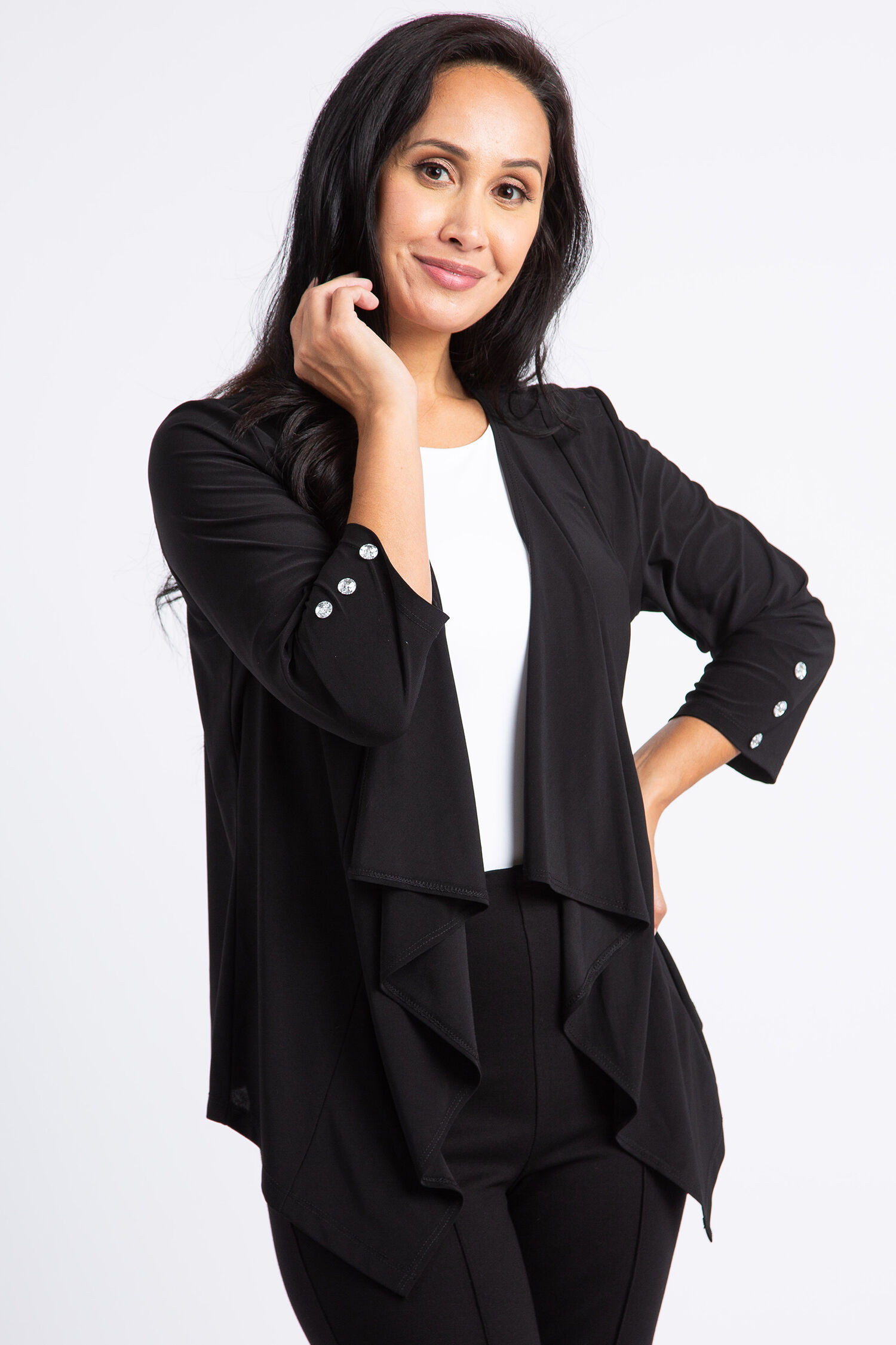 &frac34; Sleeve Open Front Cardigan w/ Crystal Buttons Image 1