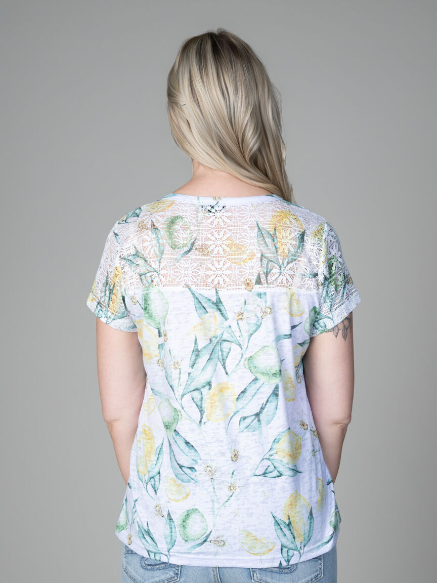 Lemon Print Lace-Shoulder Tee