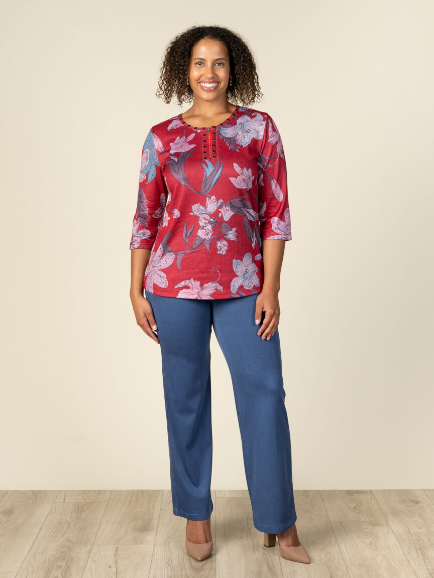 3/4 Sleeve Half Zip Floral Top