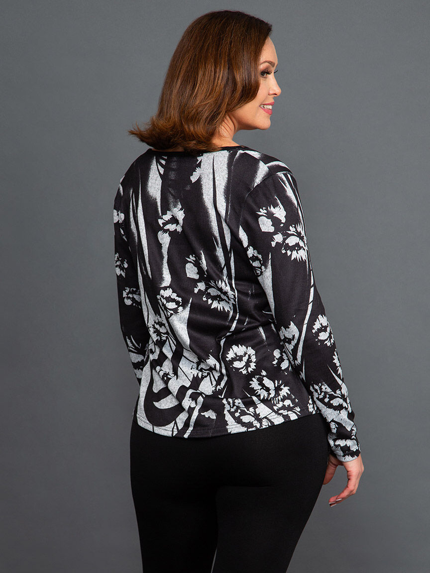 Long Sleeve Floral Top w/ Zip Neckline Image 4