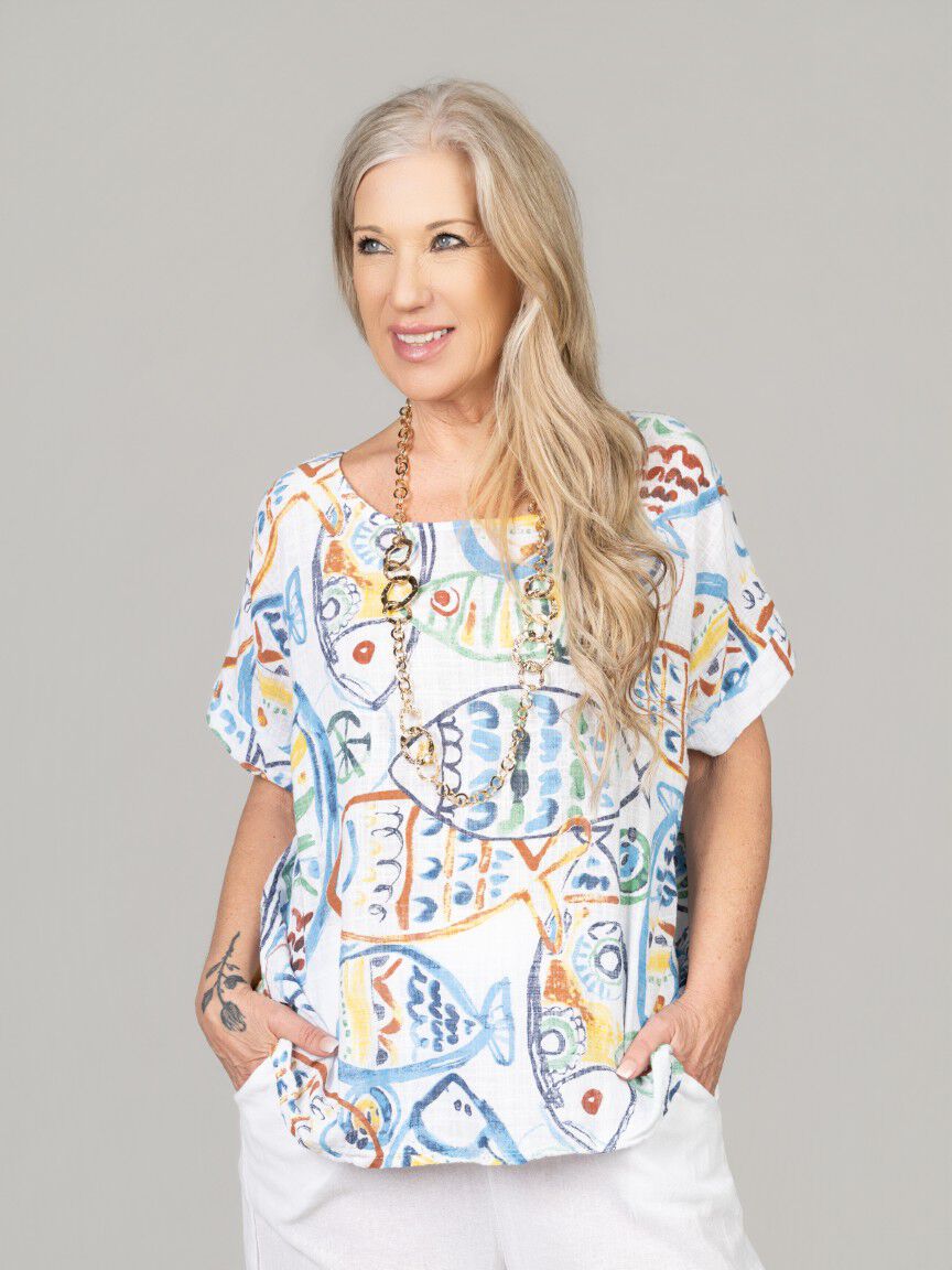 Short Sleeve Cotton Fish Print Top